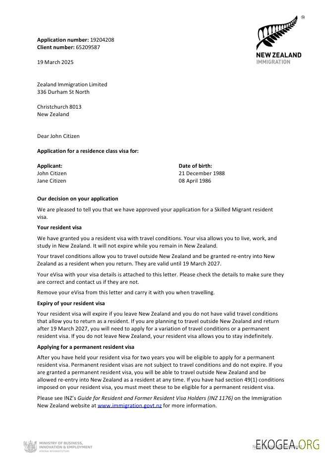 Modèle de lettre d'approbation de visa pour la Nouvelle Zélande aux formats Word et PDF